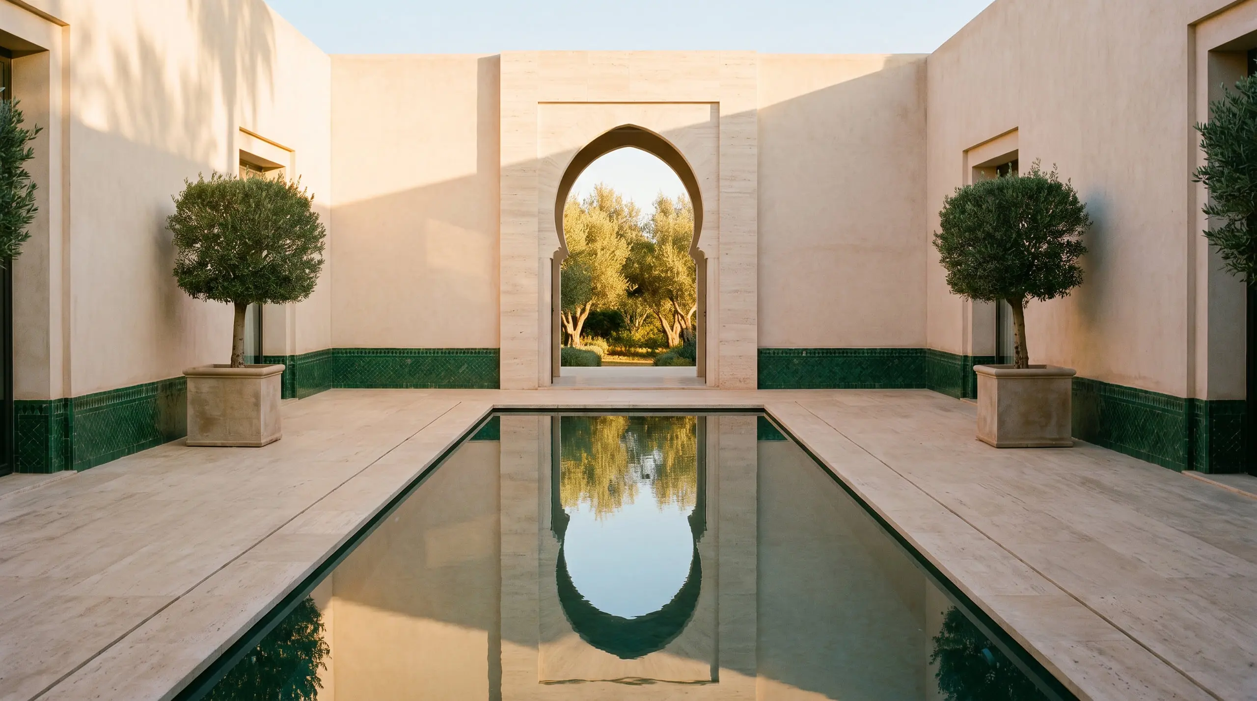 Courtyard of a Moroccan villa: a pool leads to a horseshoe-arched doorway opening onto olive trees