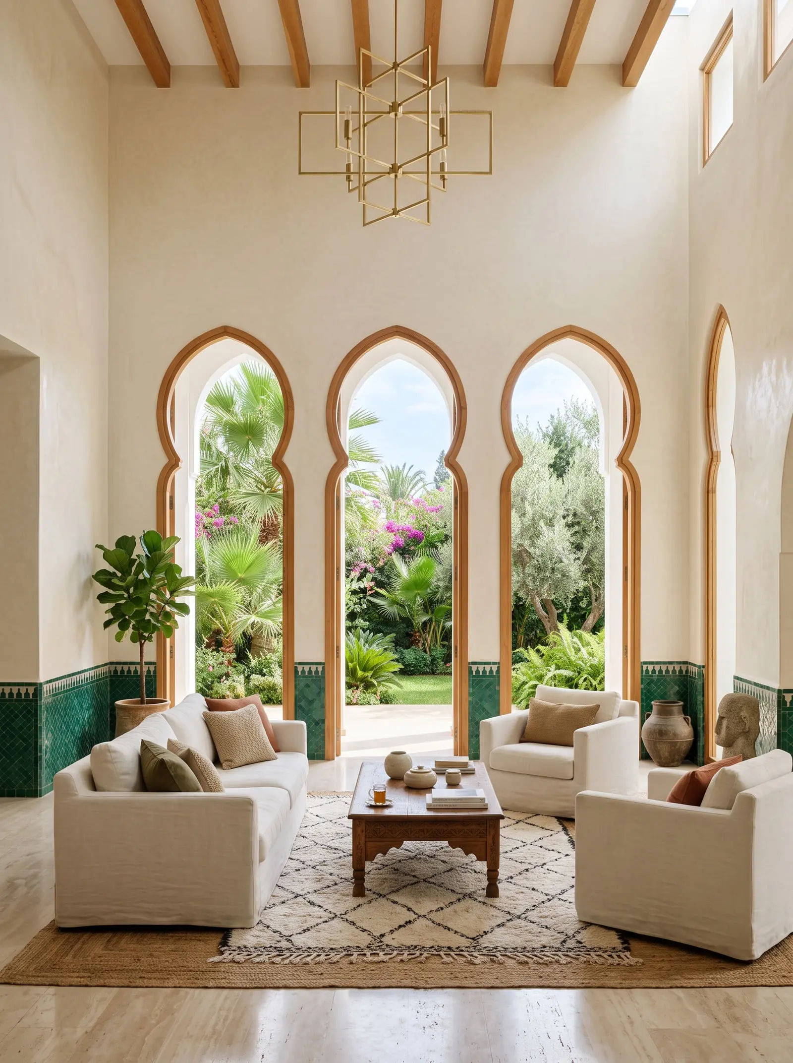 Grand salon with horseshoe arches opening onto a palm garden