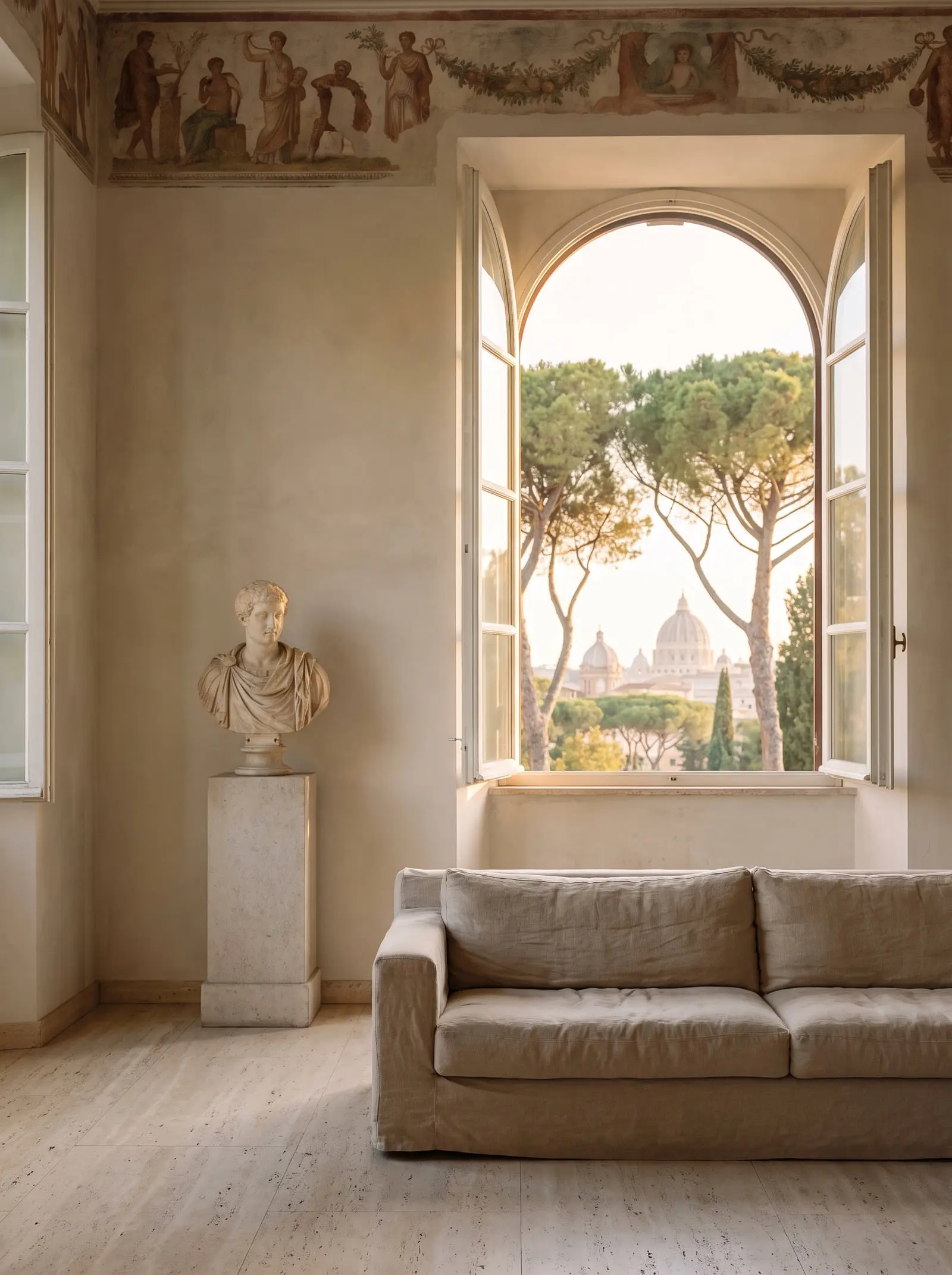 Salon with frescoes and an arched window onto pines and domes