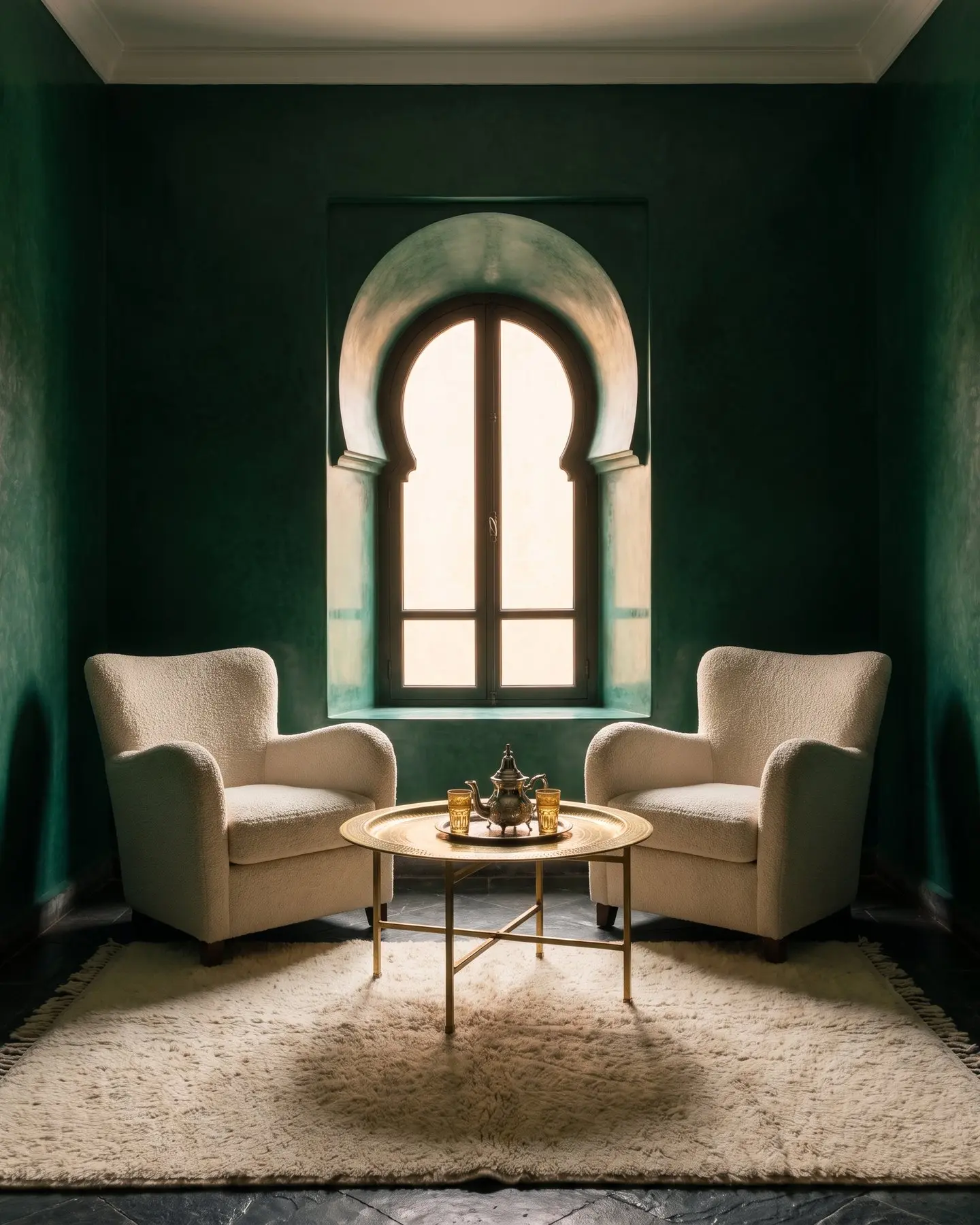 Two cream armchairs facing each other around a brass tea tray, in an emerald salon