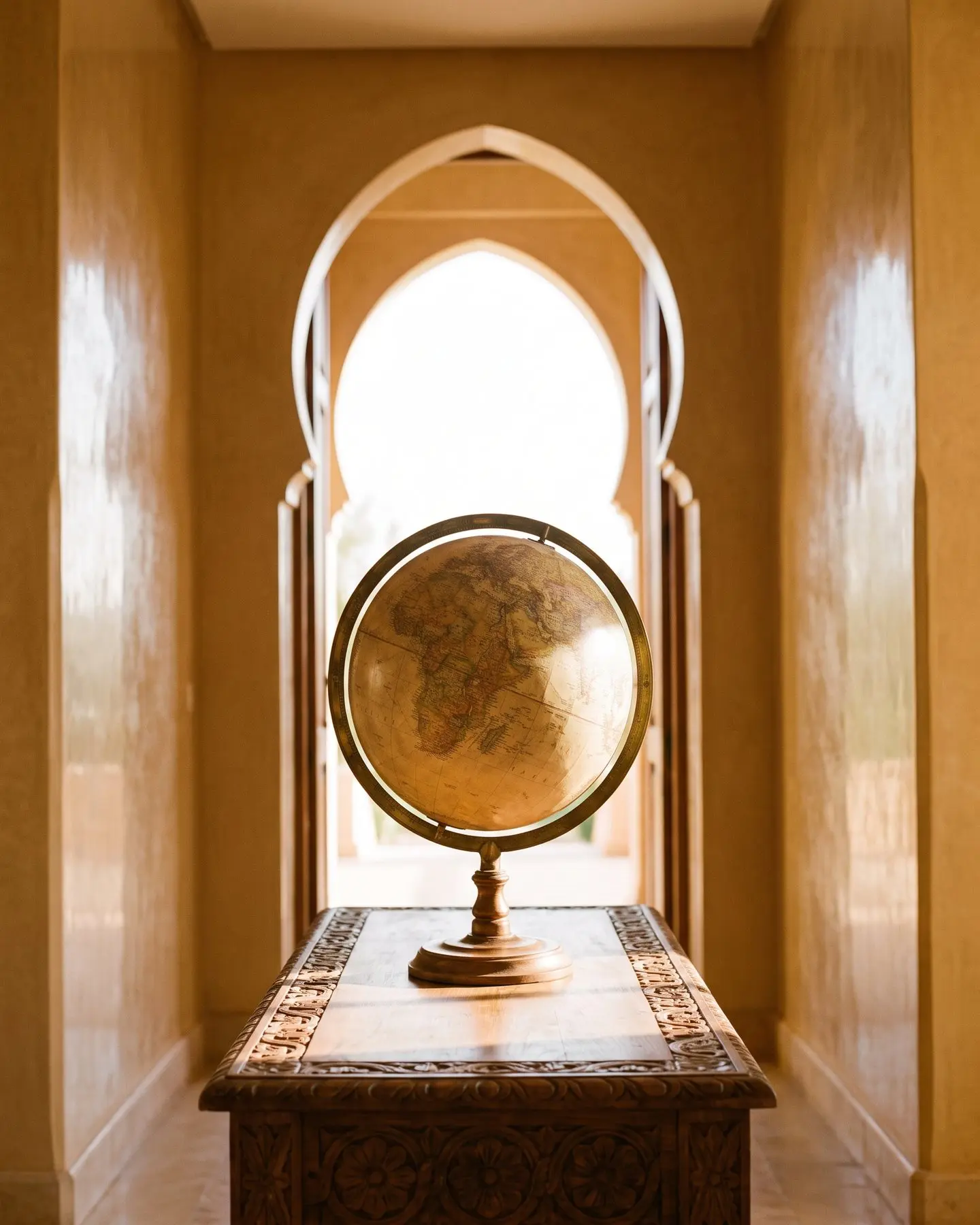 An antique globe on a carved cedar console, before an arched doorway open to the light